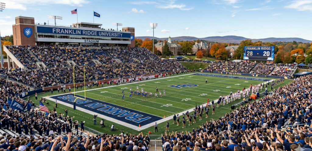Crowded football game at Franklin Ridge University Stadium with the scoreboard showing a 28-20 lead